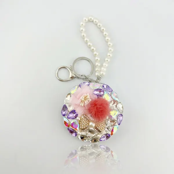 Espejo Mini Charm Llavero Circulo Pedreria Decorativo Bolsa Mujer