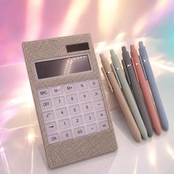 Pack CALCULADORA BRILLO PLATA + KIT 5 Plumas Terciopelo Pastel