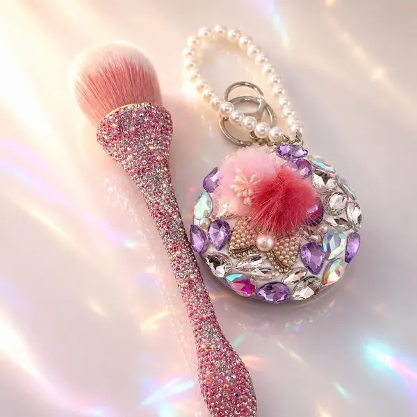 Pack BROCHA BRILLOS ROSA PLATA + Espejo Mini Círculo Morado
