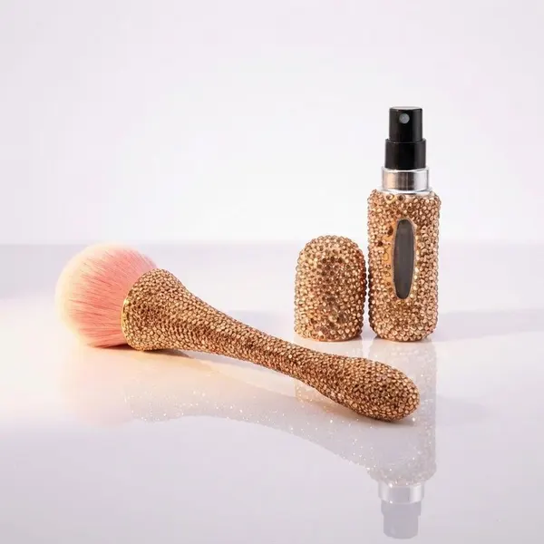 Pack Brocha Brillos Oro Rosa + Perfumero Mini Durazno